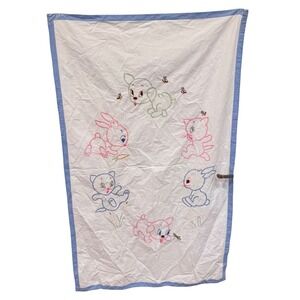 Vintage Embroidered Baby‎ sheet Cotton Nursery  Animals Handmade 1960's 32.5x52"